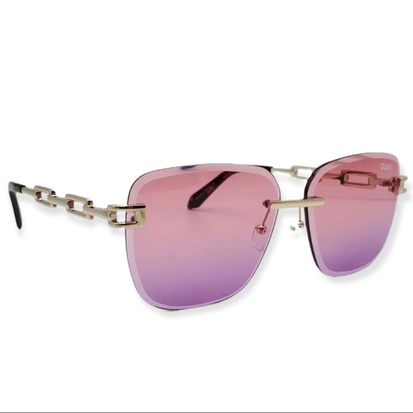 QUAY No Cap Sunglasses Gold Frame Pink Coral Fade Lens Oversized Rimless Chain - Picture 3 of 15